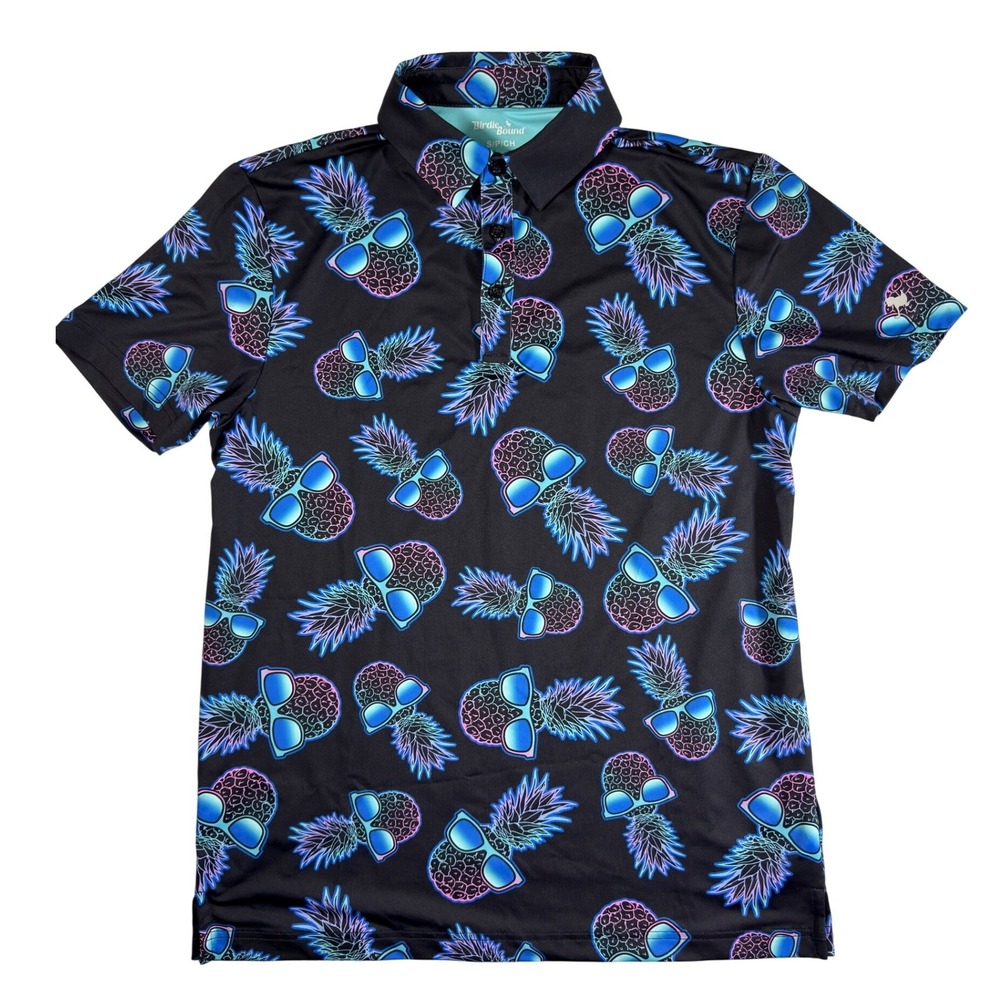 Birdie Bound Golf Polo S‎ Black Neon Pineapple Sunglasses Streetwear Festival
